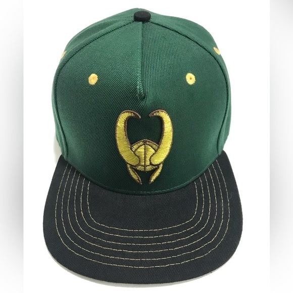 Loki Gold 3D Emblem Flat Rim Hat Green SnapBack Baseball Cap OSFM NEW - Picture 1 of 8